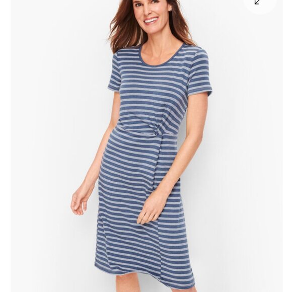 T by Talbots Size Medium Stripe Fluid Knit Twist Dress Blue Grey Casual Travel - Picture 1 of 7
